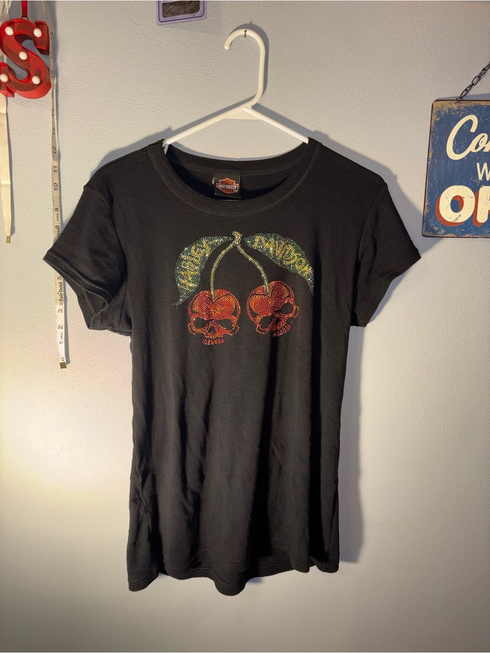 y2k Harley-Davidson rhinestone Red Skull Cherry Graphic shirt